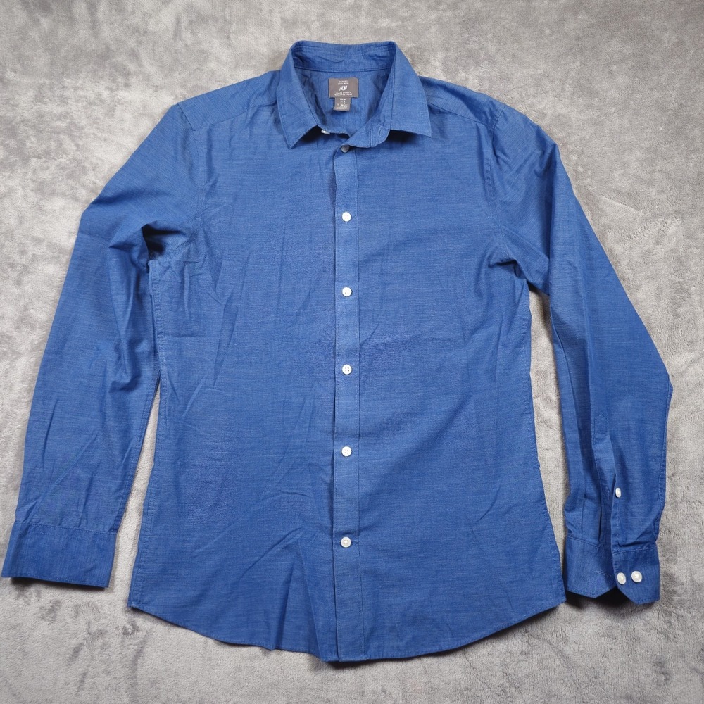 H&M Mens Shirt Medium Slim Fit Easy Iron Blue Dress Shirt